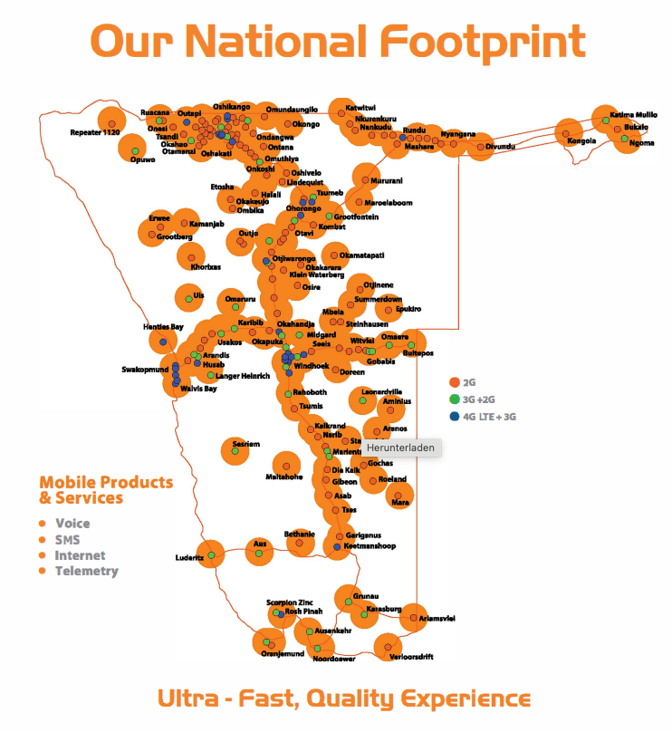 Netzabdeckung von TN Mobile in Namibia